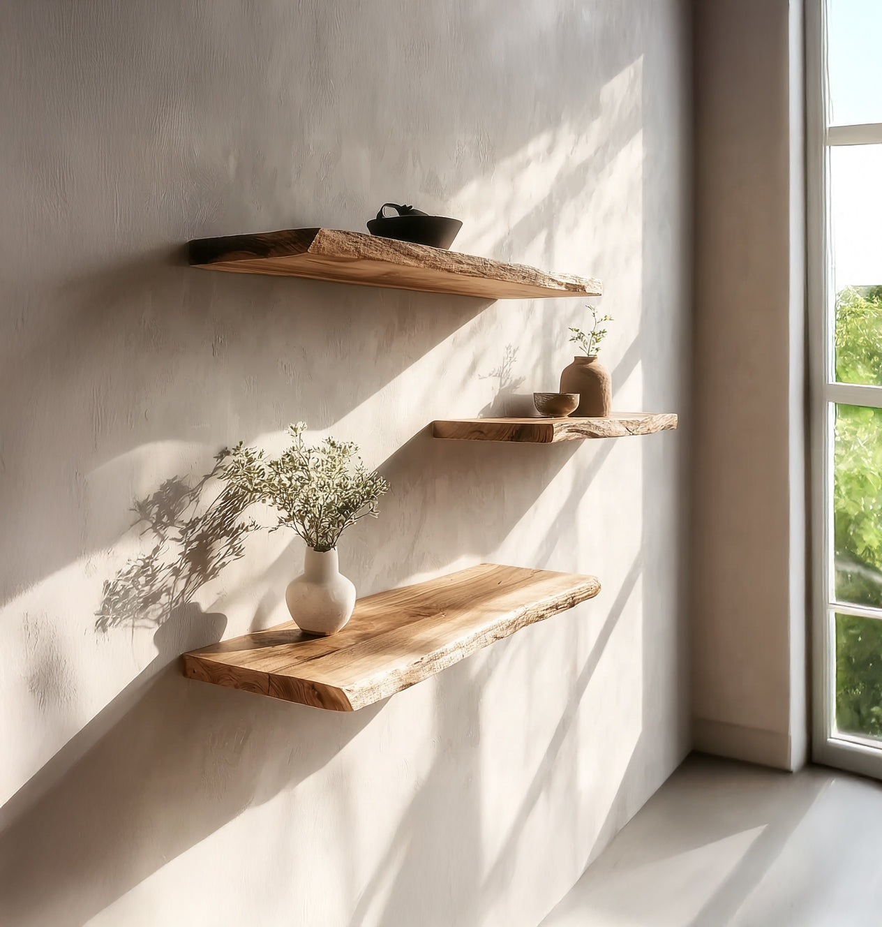 Handgemaakte Zwevende Wandplank met Natuurlijke Rand