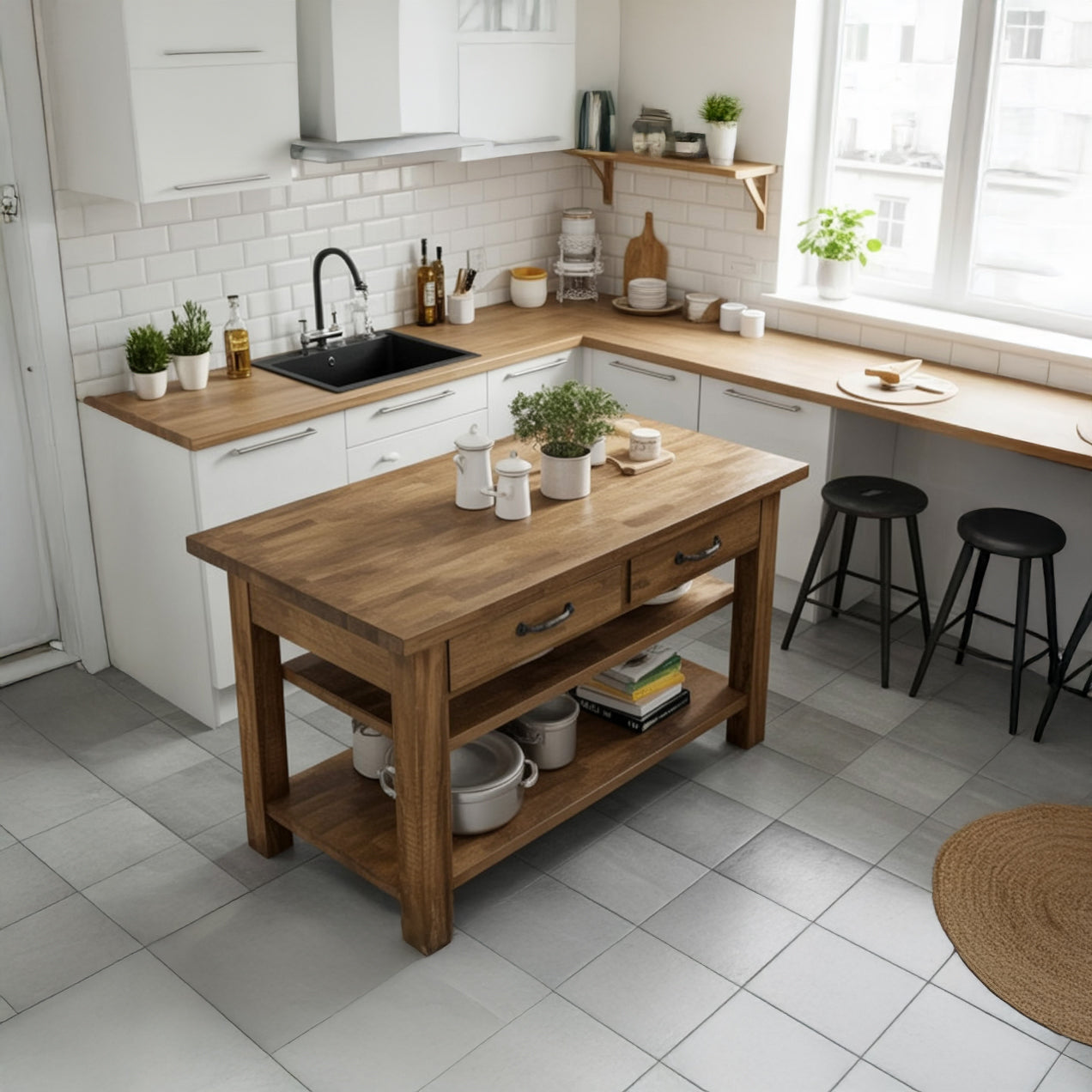 Keukeneiland van Gerecycled Kastanjehout met Lade & Dubbele Plank