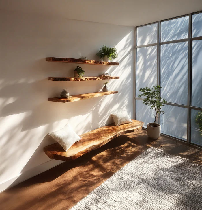 Golvende Handgemaakte Houten Wandplank – Live-Edge Drijvende Plank