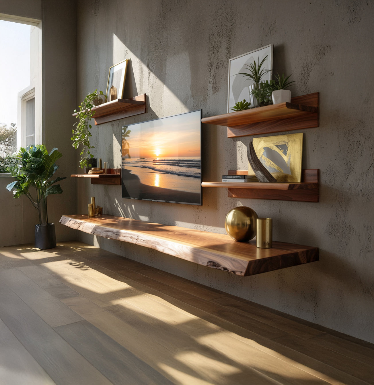 Massief Zwevend TV-Meubel met Live Edge – Handgemaakte Rustieke Media Console