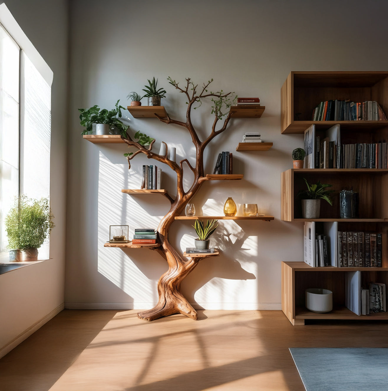 Decoratieve Boomstam Boekenkast – Grote Wandgemonteerde Houten Sculptuur