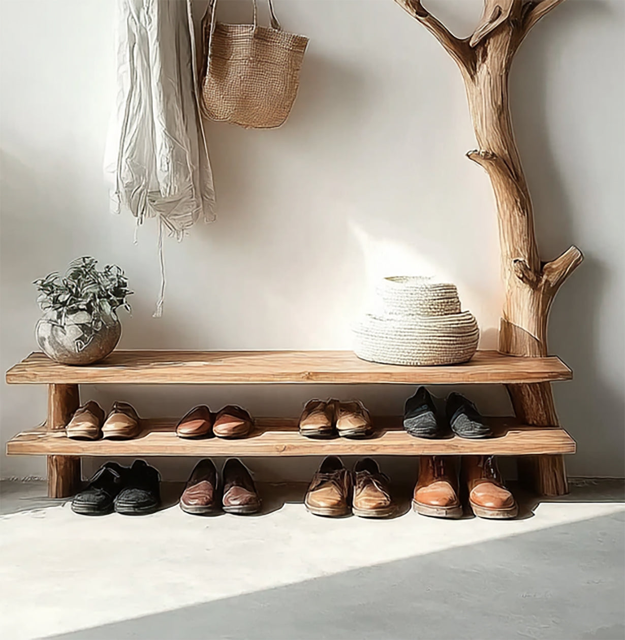Driftwood Tree Branch Coat Rack – Standing Solid Wood Clothes Rack with Shelves