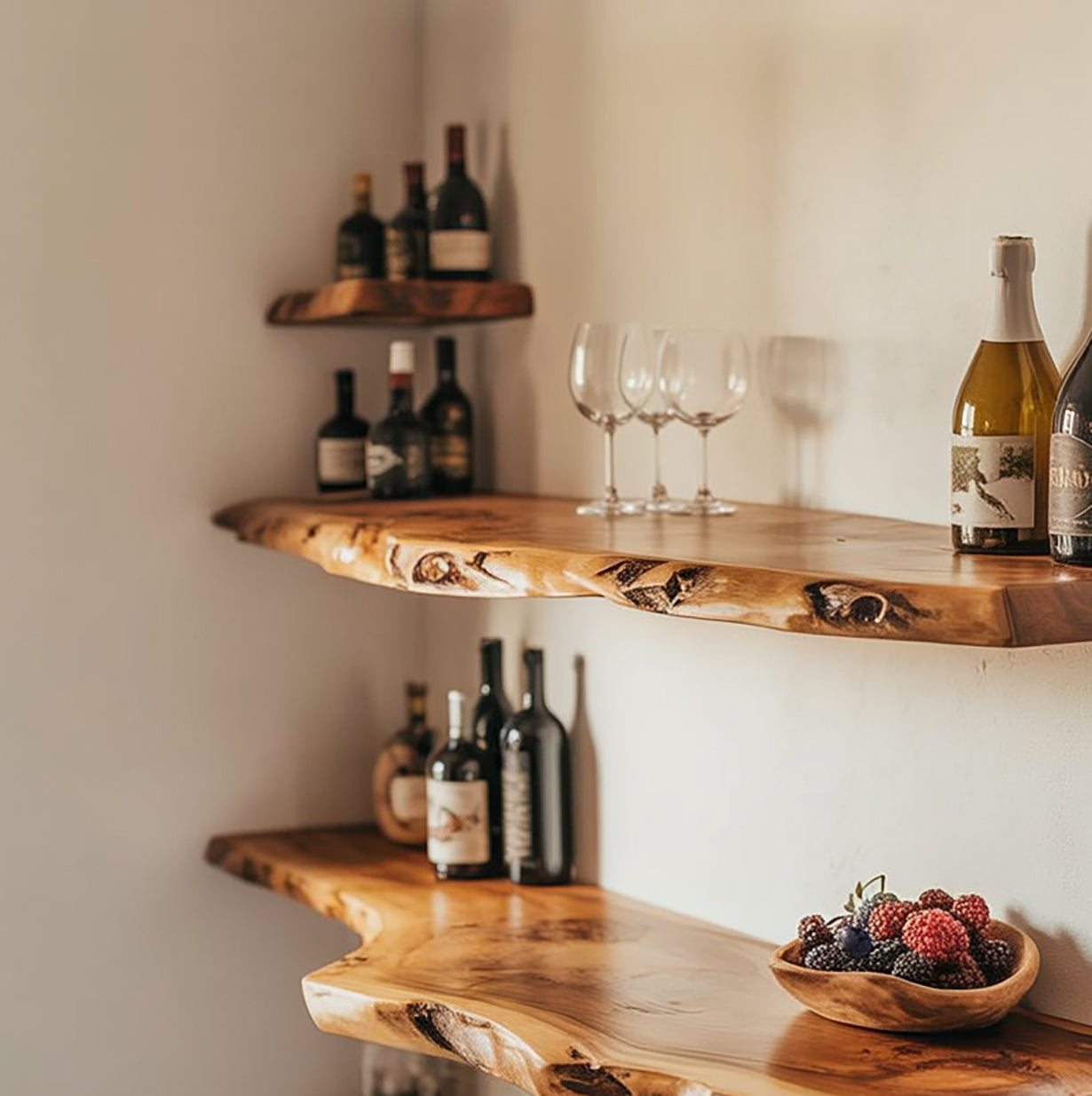 Live Edge Zwevende Hoek Wandplanken – Houten Woondecoratie