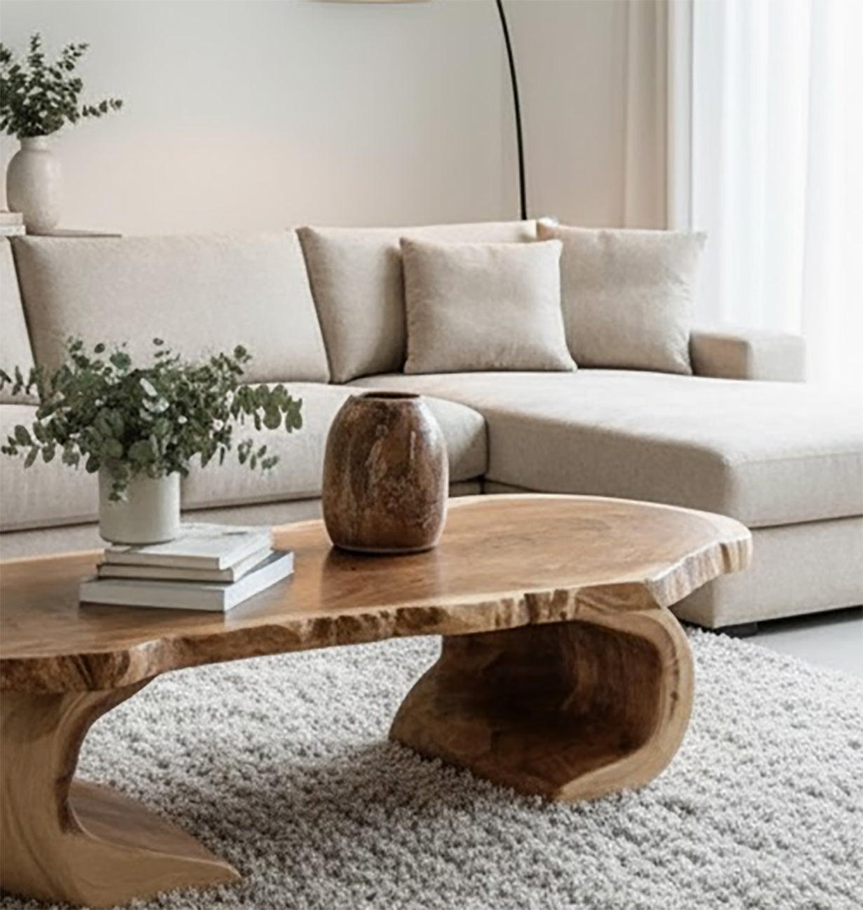 Rustic Handmade Wooden Coffee Table – Live Edge Solid Wood Farmhouse Trestle Table
