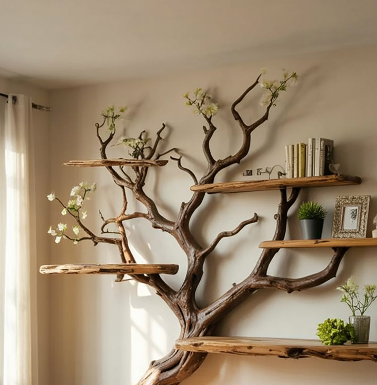 Handgemaakte Boomtak Boekenkast – Natuurlijke Houten Zwevende Wandplanken