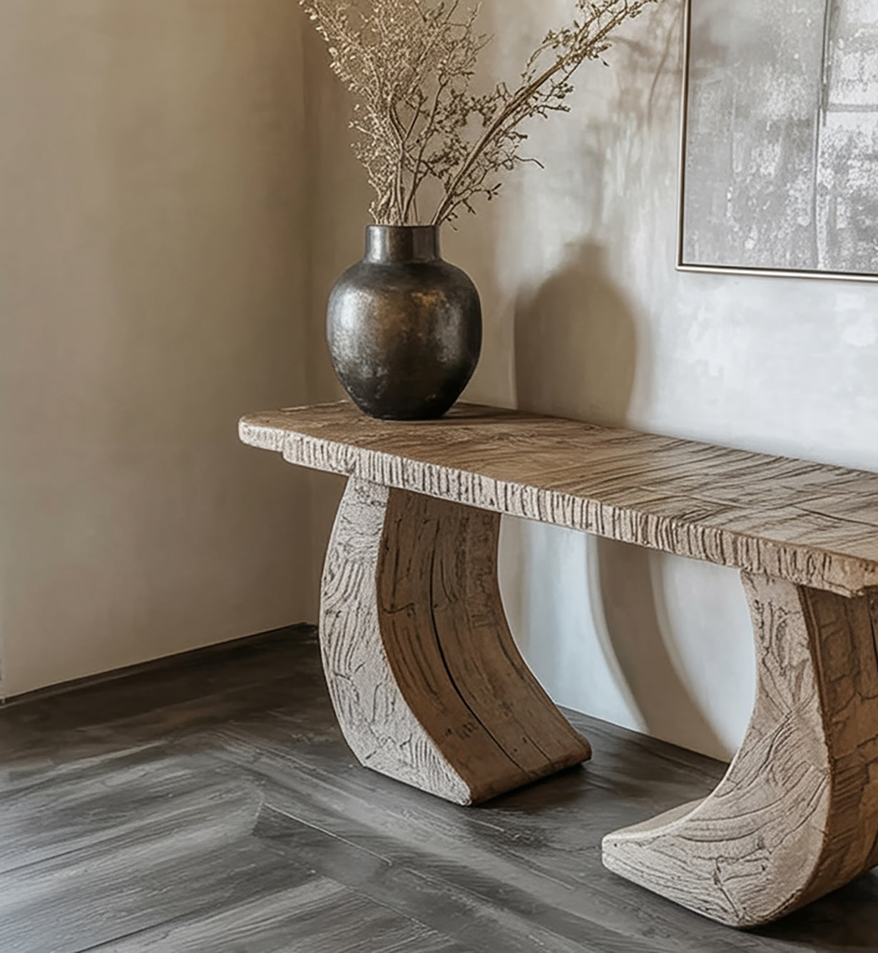 Handcrafted Sculptural Wood Console Table – Modern Curved Leg Entryway Table