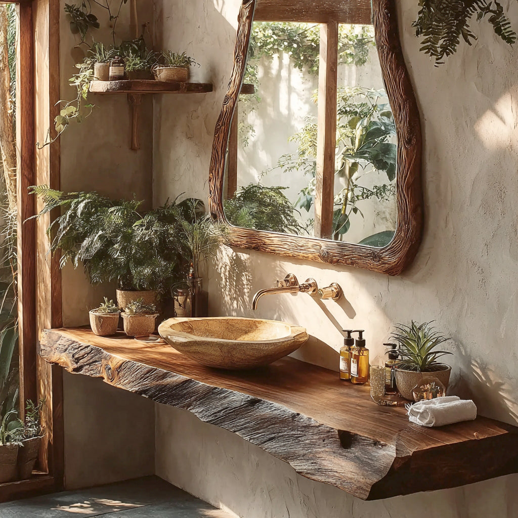 Custom Live Edge Wood Bathroom Vanity – Rustic Solid Wood Sink Shelf