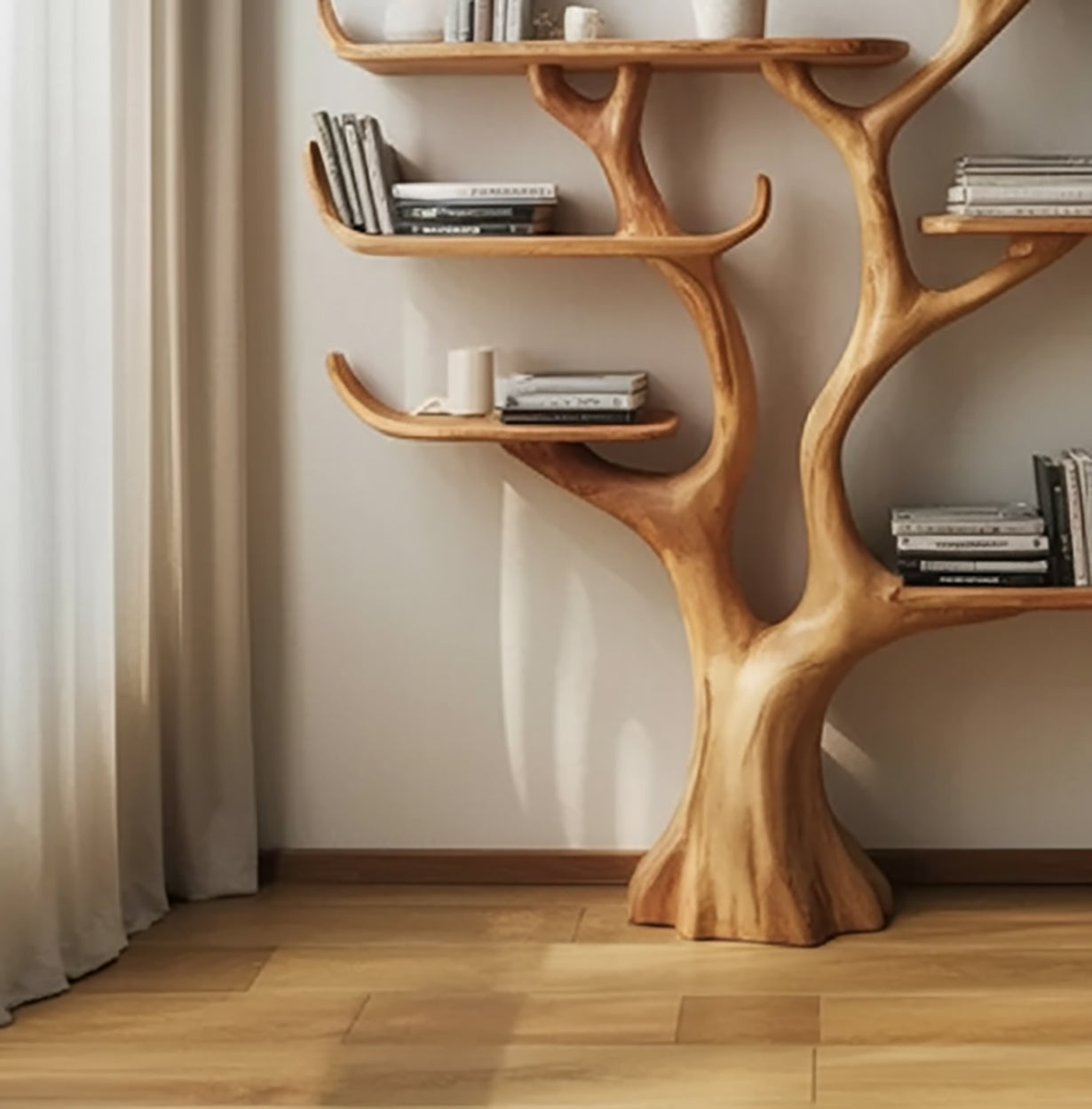 Handgemaakte Boom Boekenkast – Unieke Houten Wandplank Decor