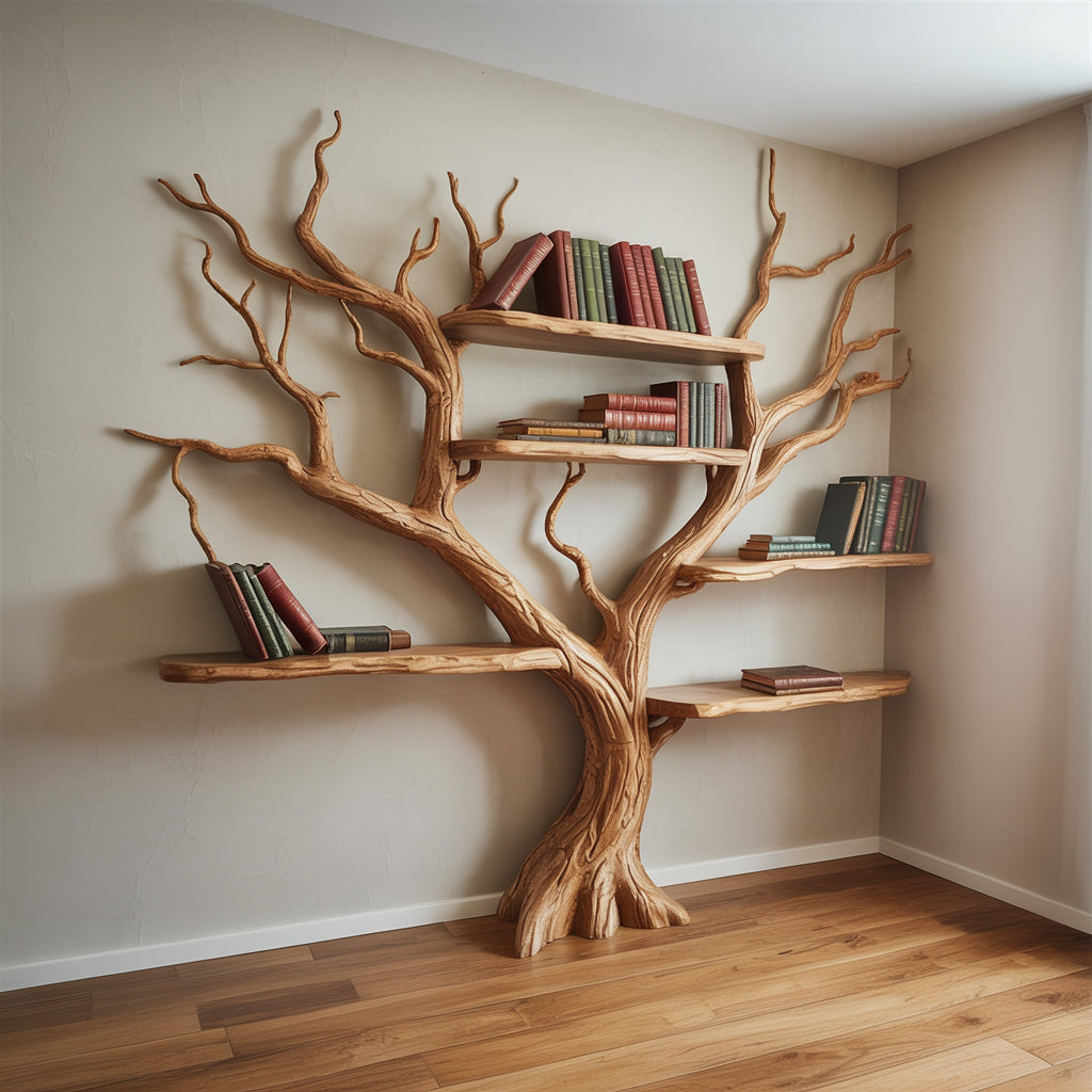 Driftwood Boom Boekenkast – Rustieke Zwevende Wandplank Hout