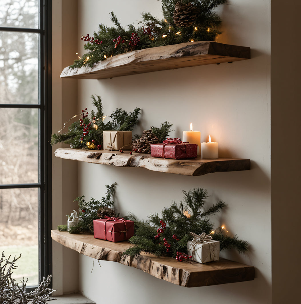 Handmade Wavy Live Edge Floating Shelf – Carved Wood Wall Shelf Art for Home Decoration