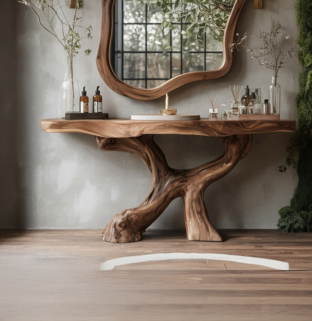 Live-Edge Teak Bathroom Vanity with Organic Root Base & Mirror Set