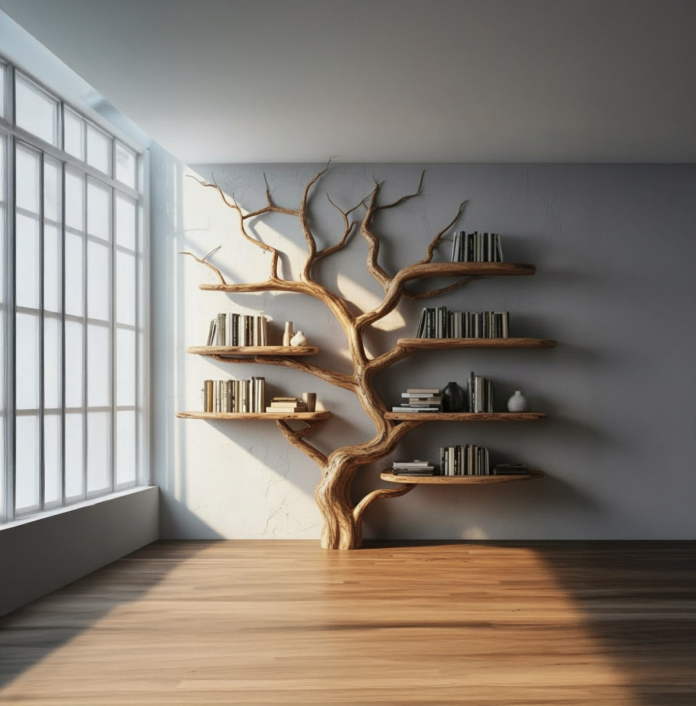 Rustic Tree Bookshelf – Handmade Wooden Branch Wall Shelf