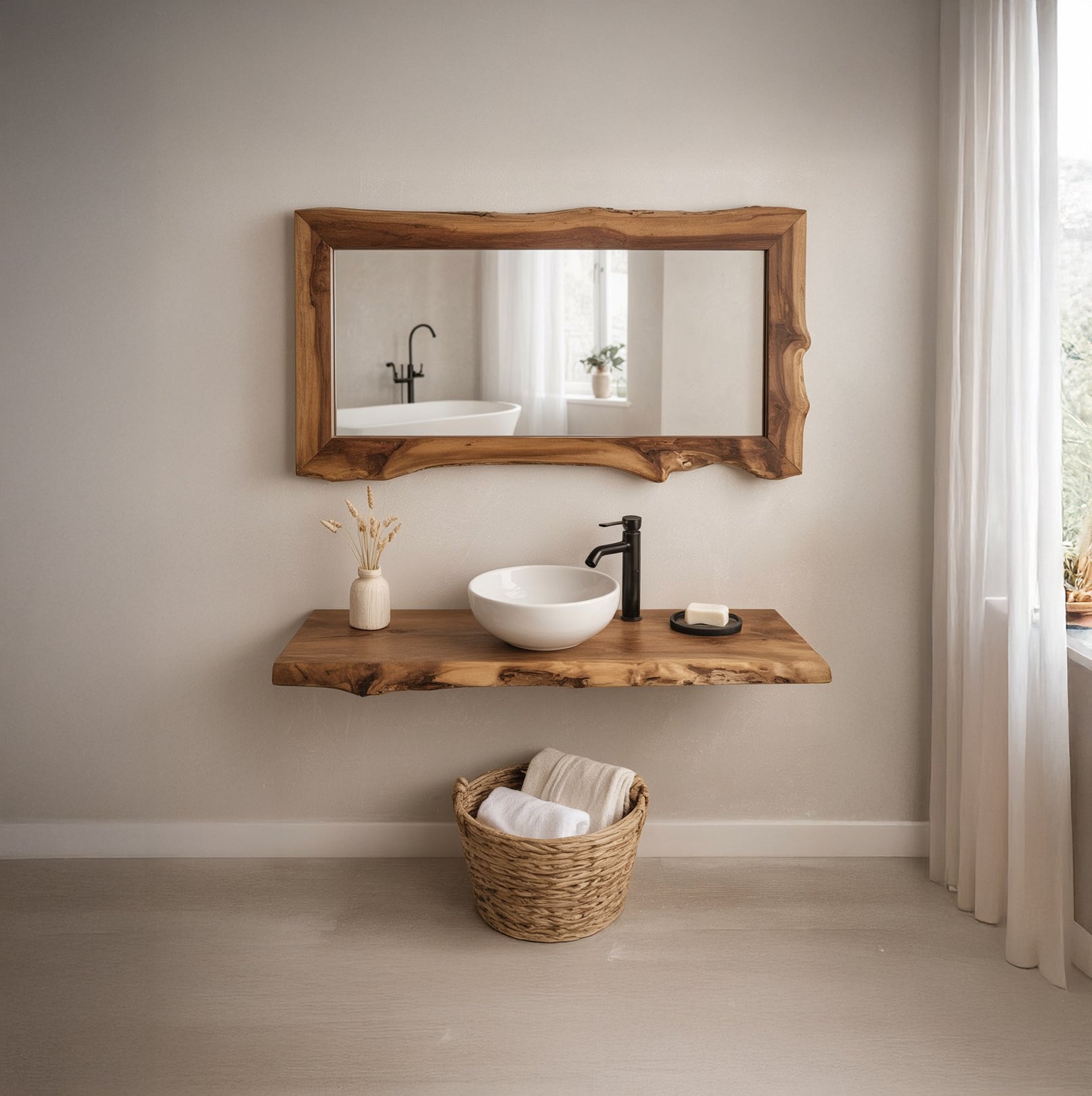 Massief Houten Zwevende Wandplank – Unieke Badkamer Decoratie