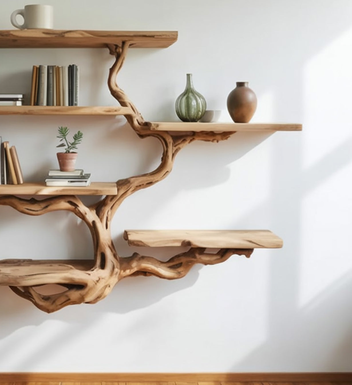 Zwevende Boomtak Boekenkast van Massief Hout – Wandplank