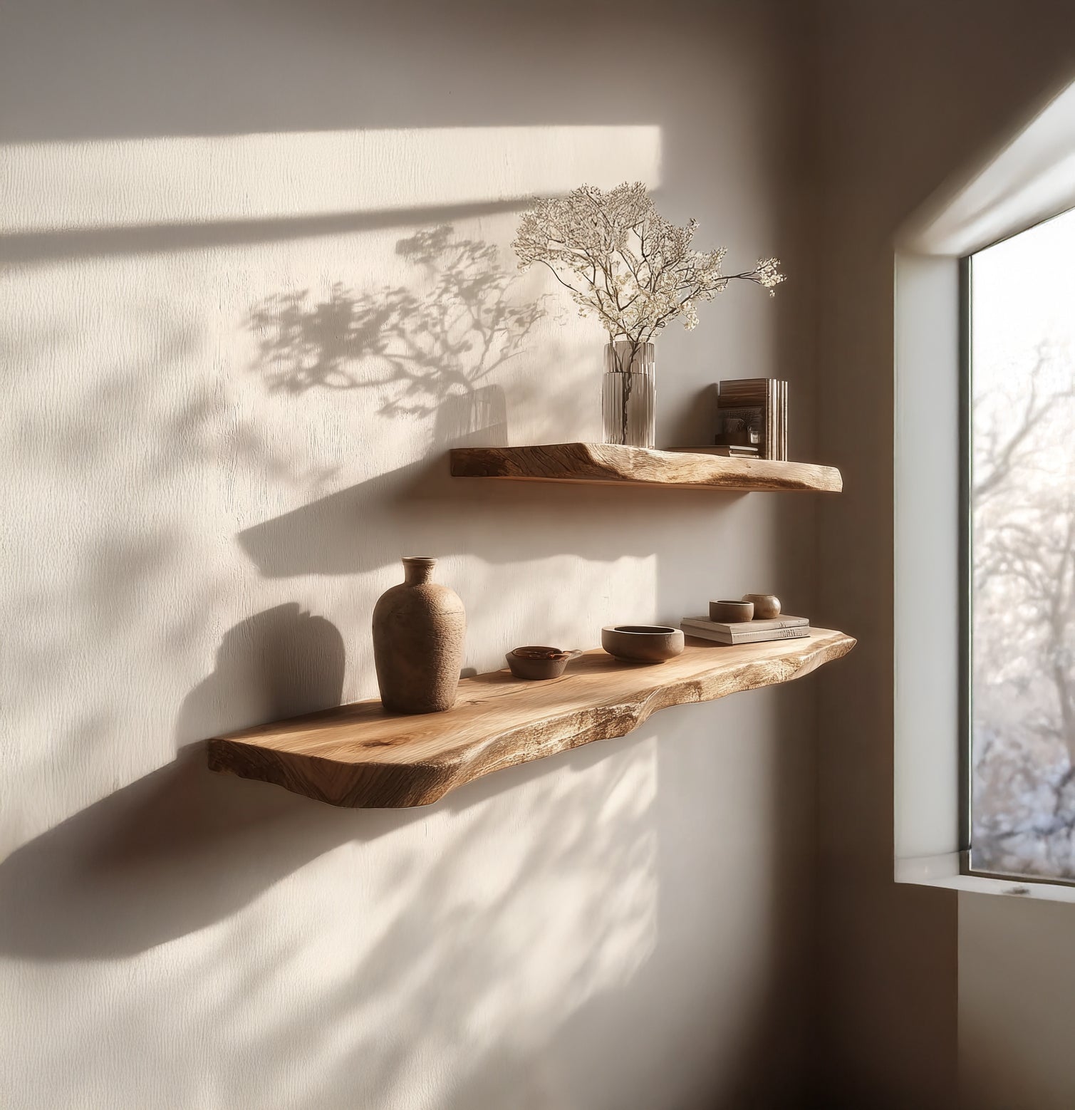 Live Edge Zwevende Wandplank van Massief Hout – Rustiek Decor