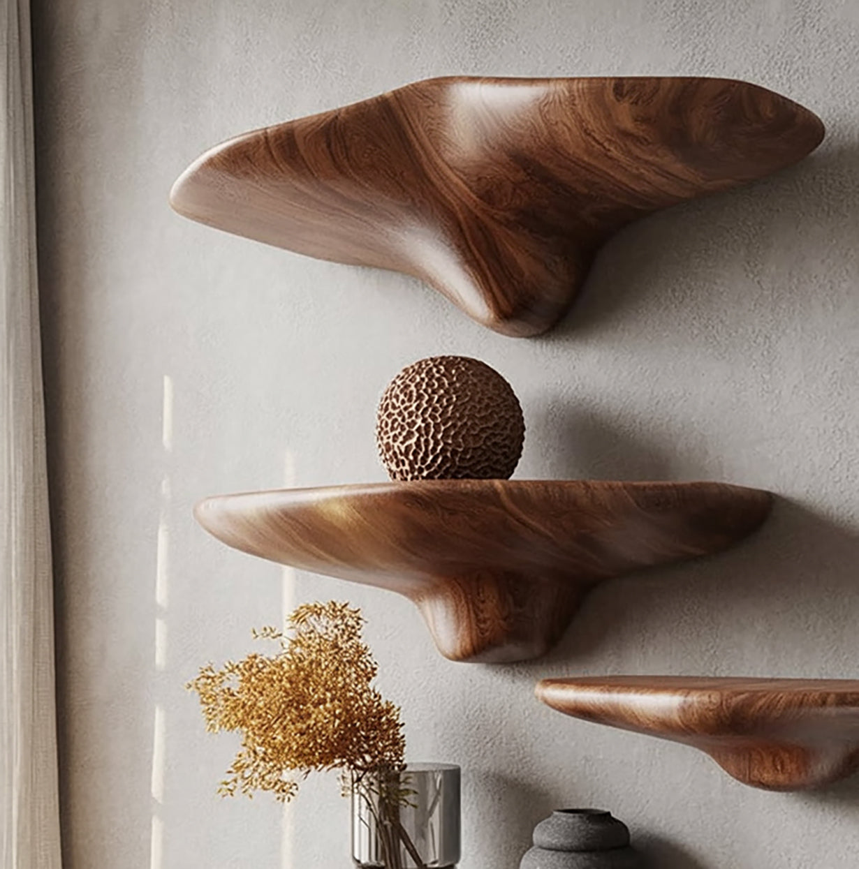 Organic Sculpted Wooden Floating Shelves – Handcrafted Modern Wall Art Storage Set