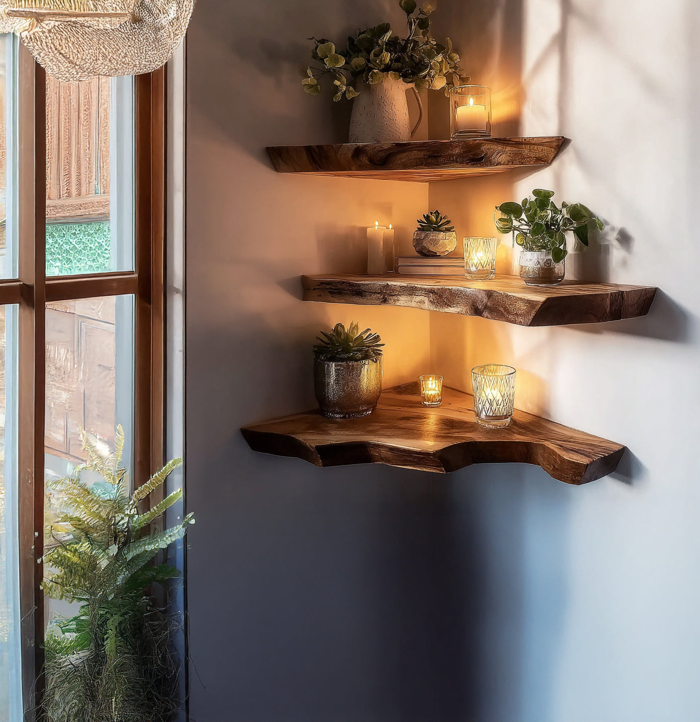 Live Edge Solid Wood Floating Corner Shelf – Handcrafted Driftwood Wall Shelf