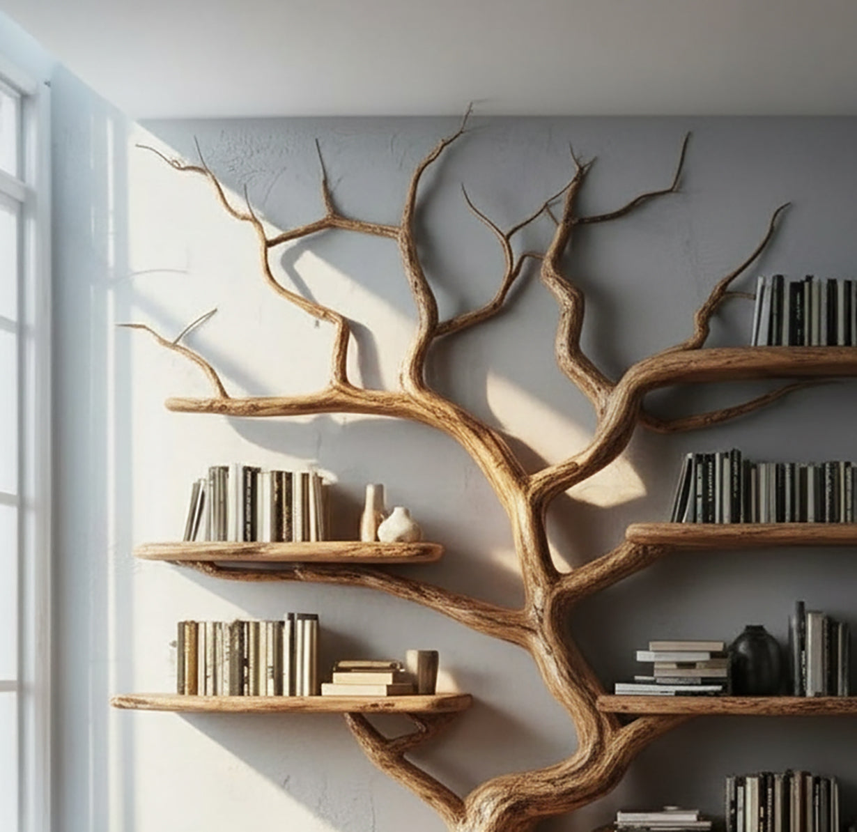 Rustic Tree Bookshelf – Handmade Wooden Branch Wall Shelf