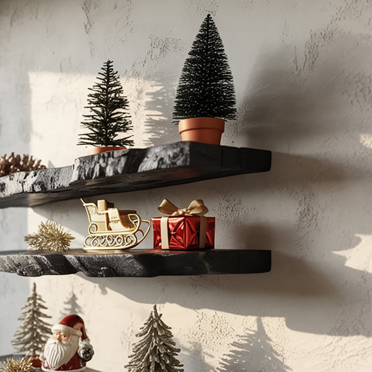Rustic Floating Wall Shelf with Live Edge – Solid Walnut Handmade Décor