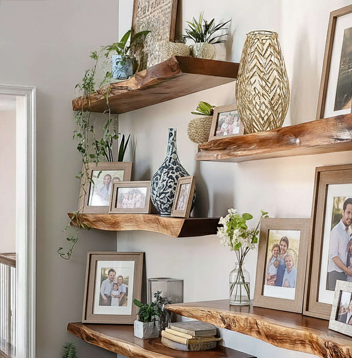 Handcrafted Live Edge Floating Shelves – Carved Wavy Wood Wall Art