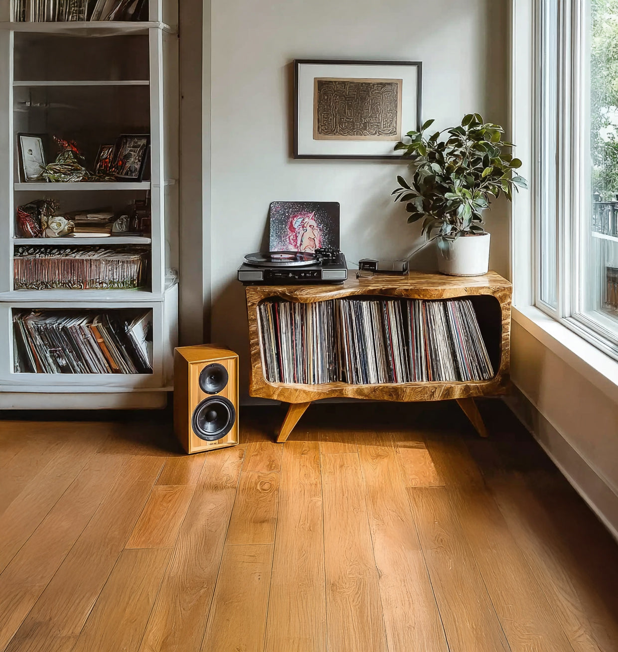 Handcrafted Wooden Record Player Stand – Natural Turntable Station with Storage