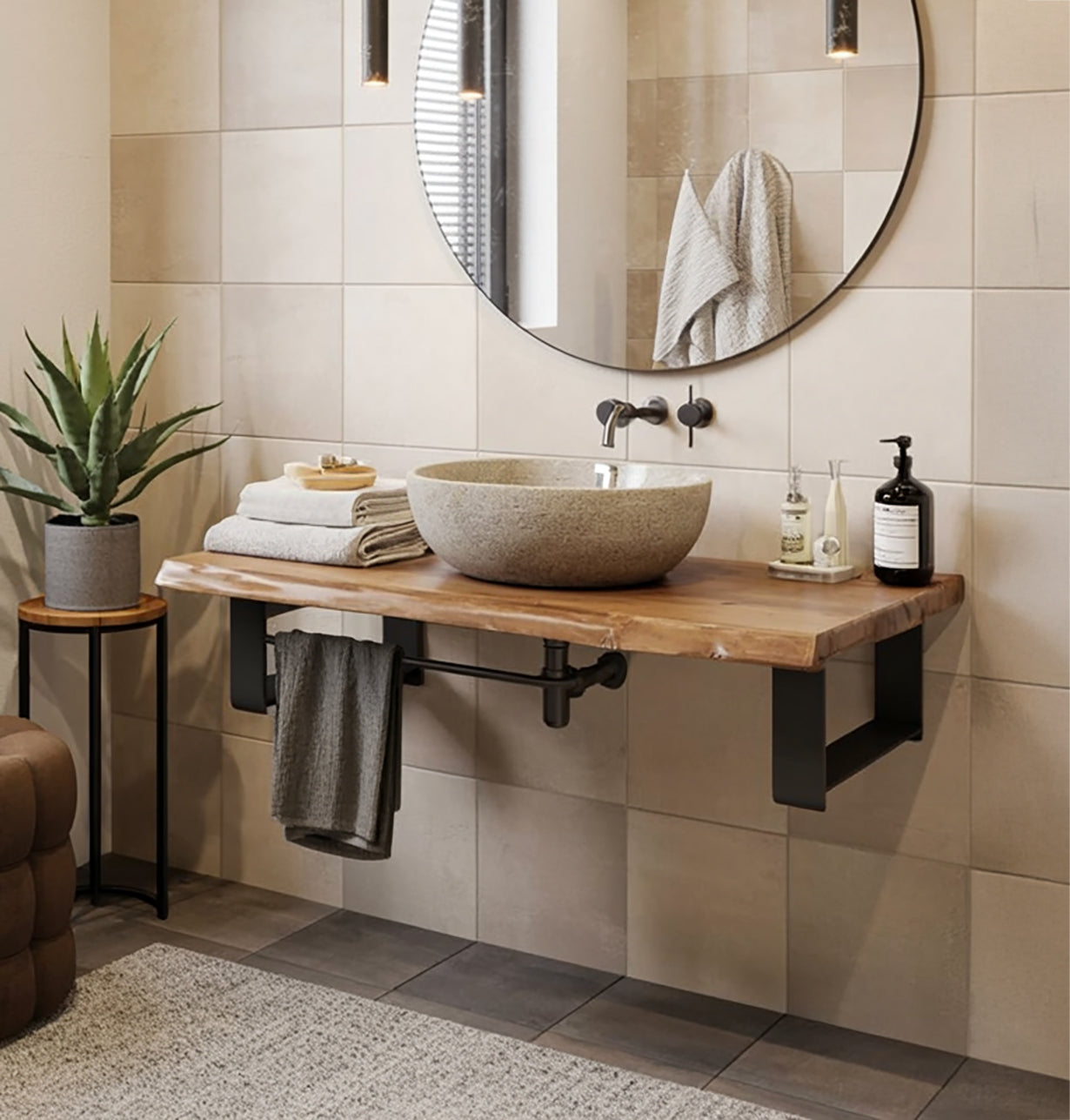 Rustic Live Edge Wood Bathroom Vanity – Floating Solid Wood Sink Countertop