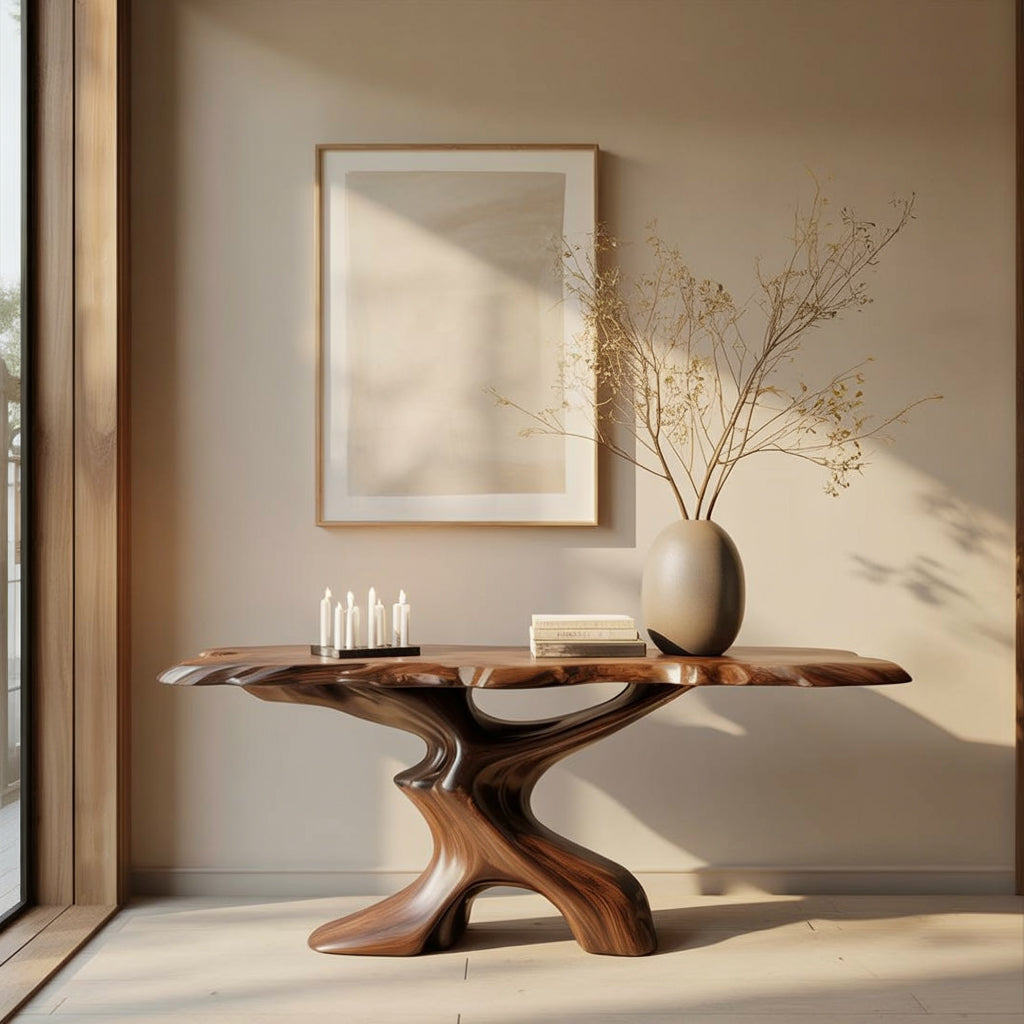 Organic Modern Console Table – Live Edge Style Wood Table with Tree Branch Base
